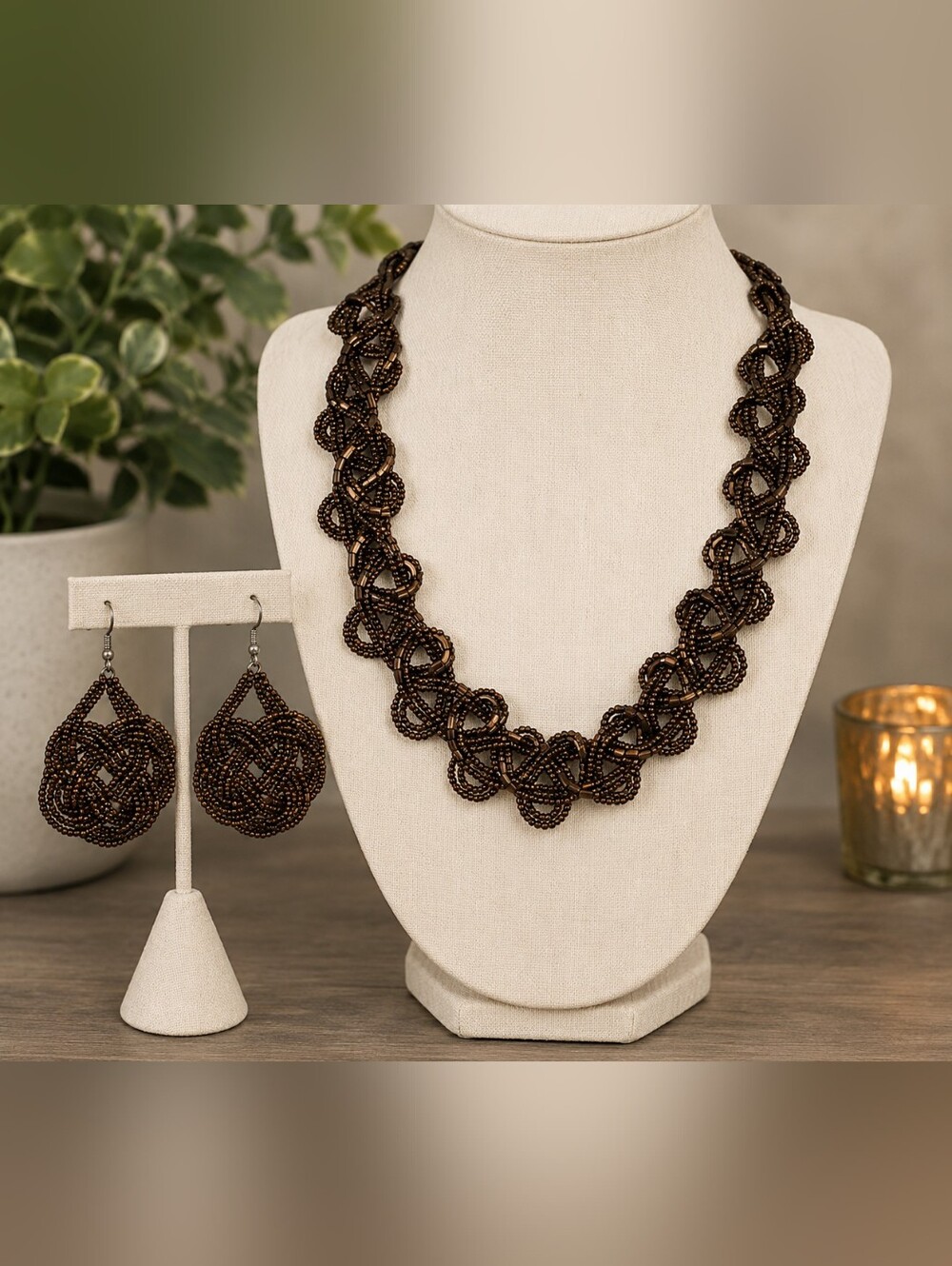 Bronze Tone Seed Bead Statement Necklace & Teardrop Earrings Set Boho Artisan